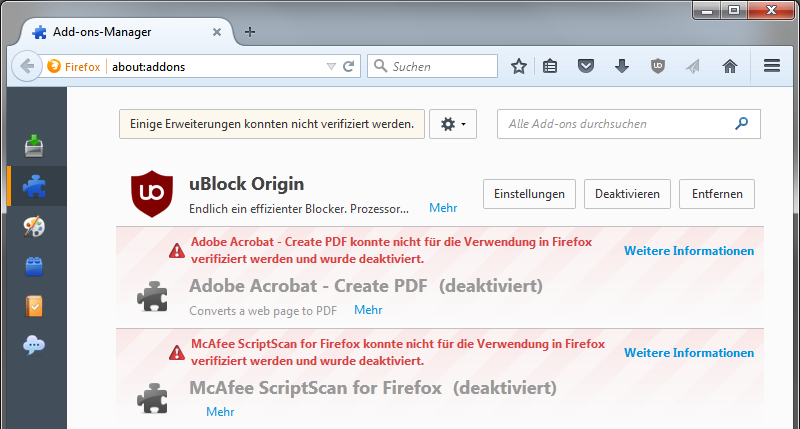 deaktivierte Add-ons in Firefox 41