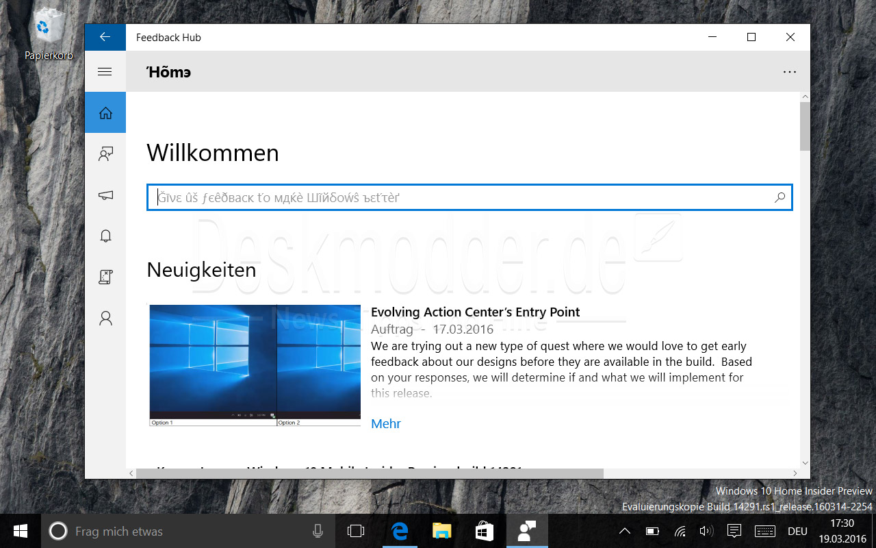 Feedback Hub - Windows 10 Build 14291