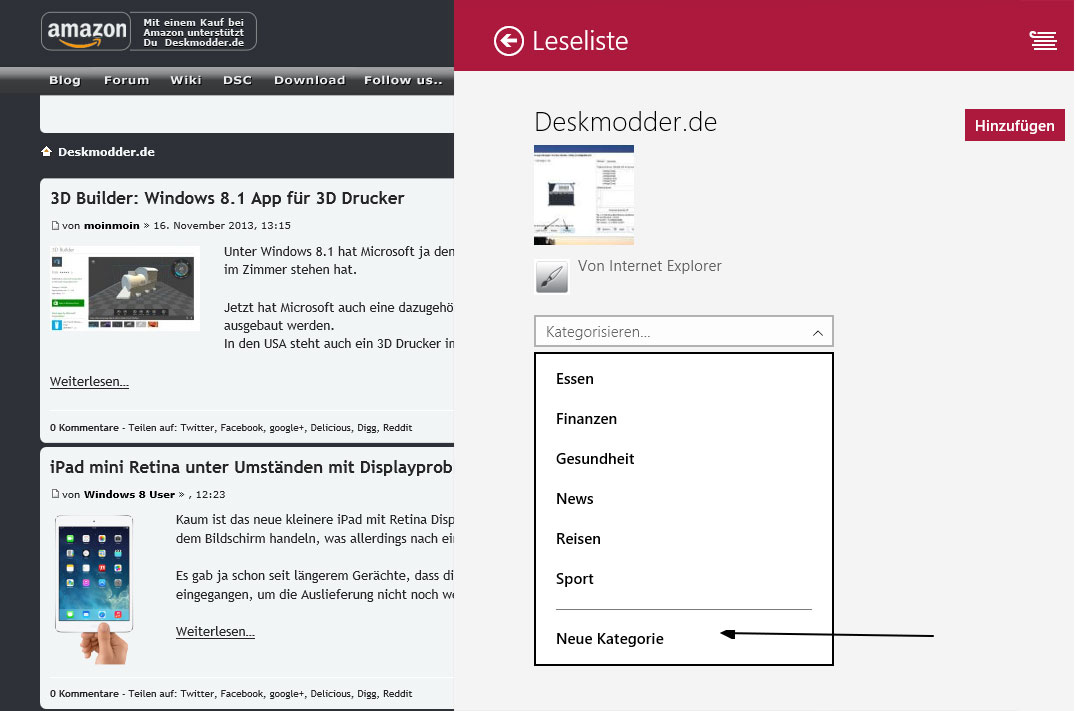 In der Leseliste kann man nun eigene Kategorien anlegen Windows 8.1 App