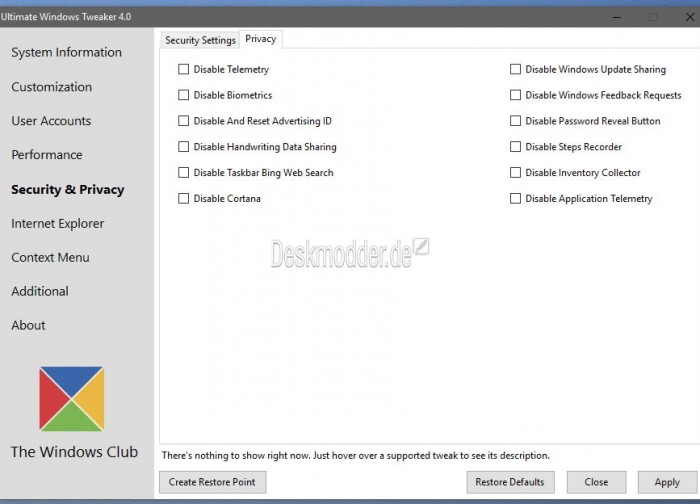 Ultimate Windows Tweaker 4, Desktop Icons Spacing Controller 2.0 und