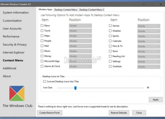 Ultimate Windows Tweaker 4, Desktop Icons Spacing Controller 2.0 und Tile Locker Tweakingtools