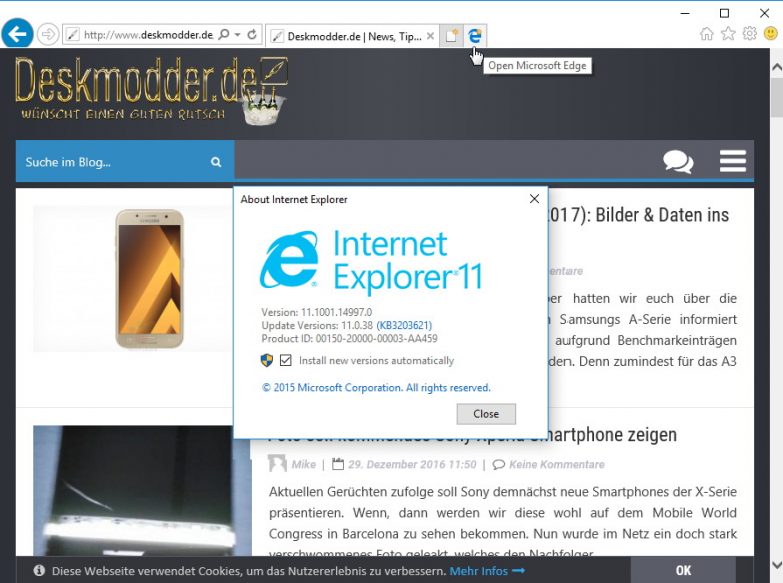 Windows 10 14997 - Auch der Internet Explorer 11 mit einer Änderung