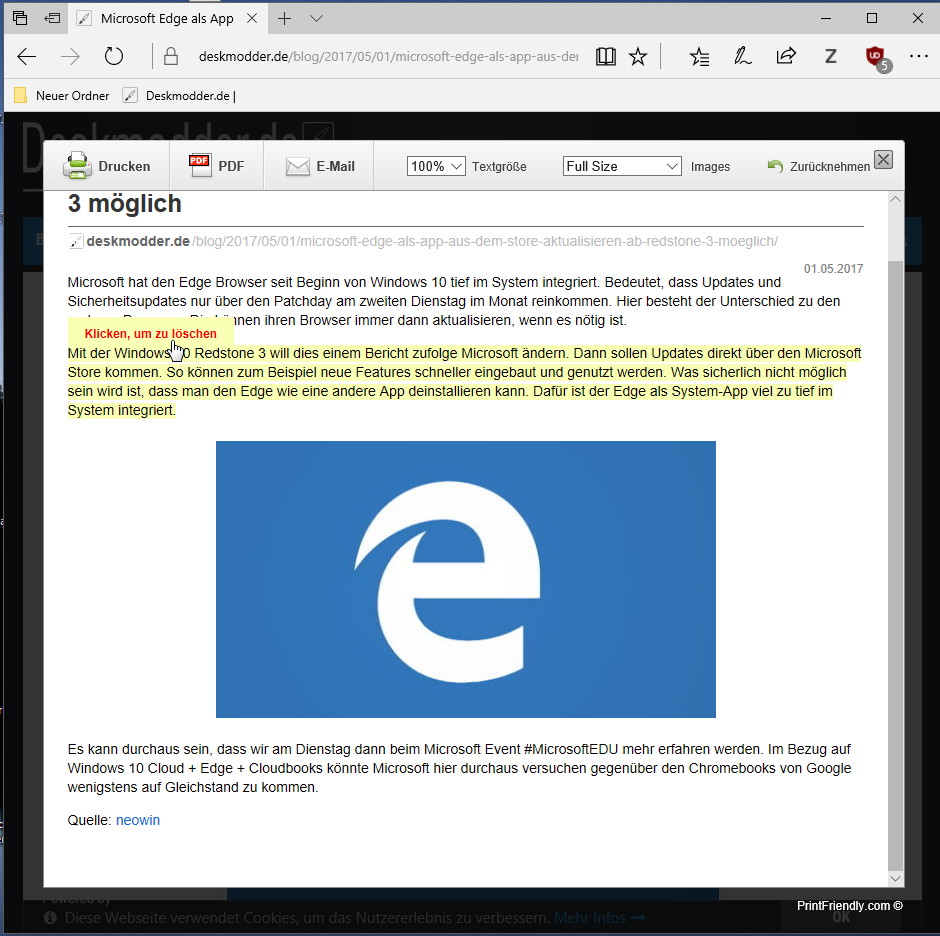 PrintFriendly and PDF als Microsoft Edge Erweiterung 