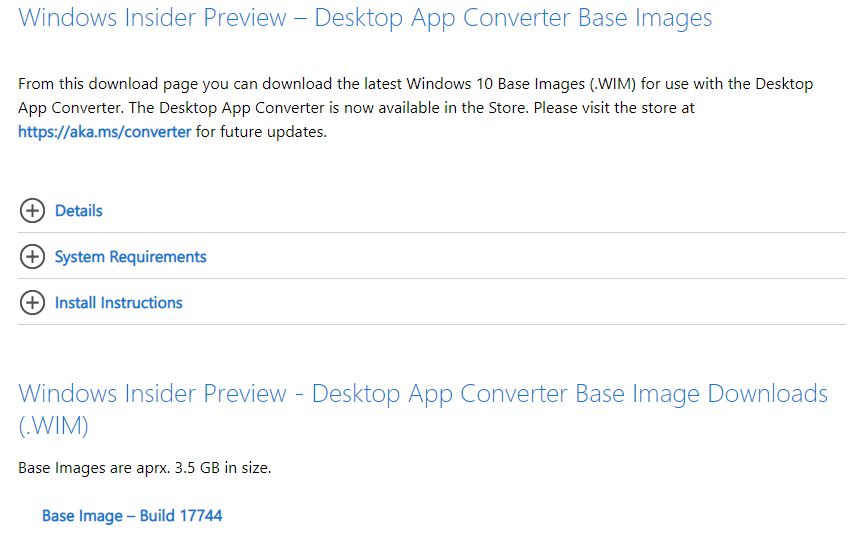 Desktop App Converter Base Image 17744 als WIM und die IoT steht zum