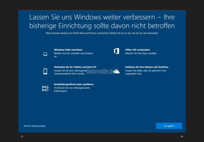 Windows 10 1903 startet mit Fenster "Lassen Sie uns