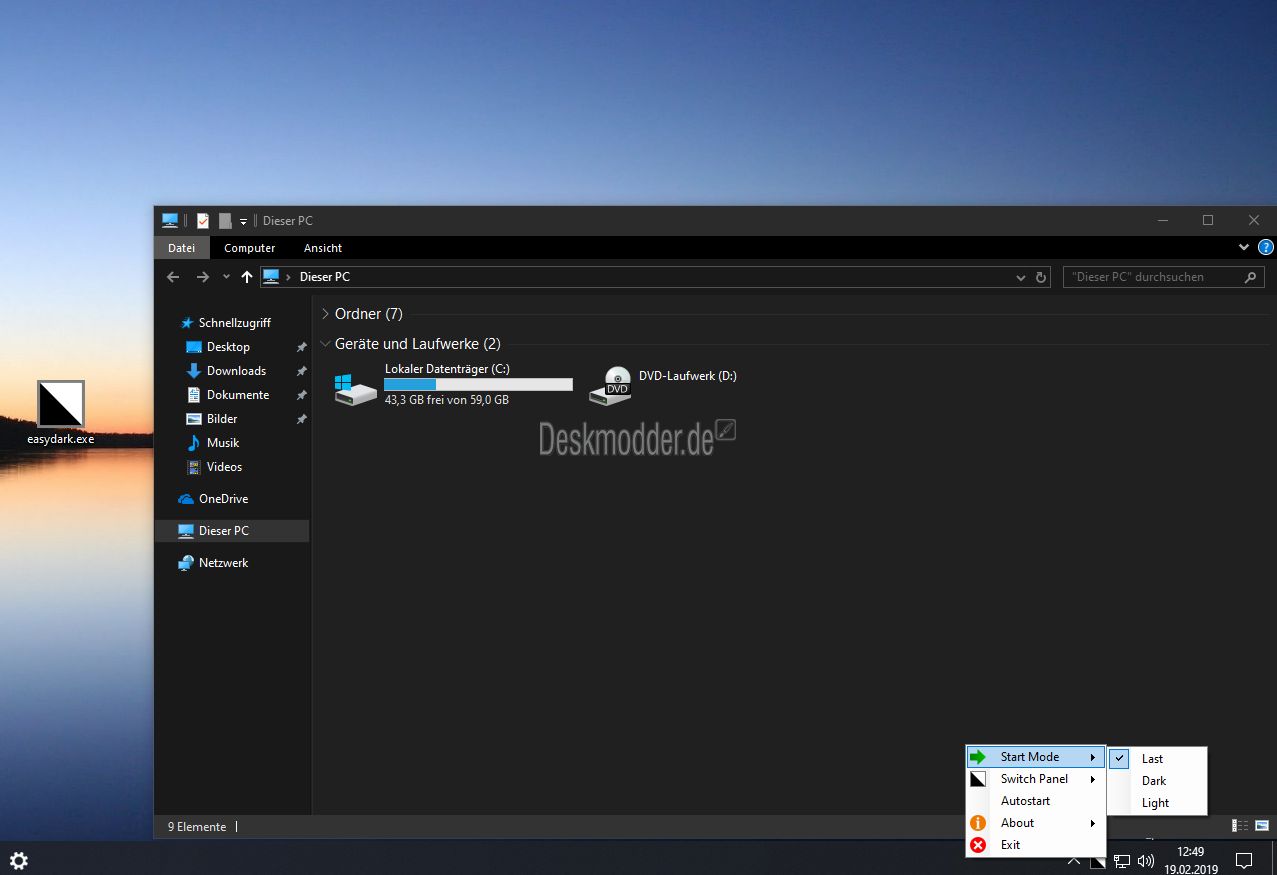 Easy Dark Mode Schnell Zwischen Dunkler Und Heller Ansicht Wechseln Windows 10 Deskmodder De