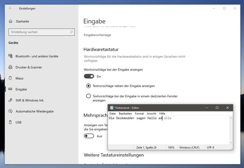 Wortvorschläge direkt in der Texteingabe in der Windows 10 20H1