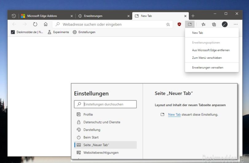 New Tab Neuer Tab im Microsoft Edge leer lassen Ohne Suche und Logo Deskmodder.de