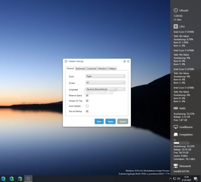 SidebarDiagnostics Desktop Sidebar mit CPU, RAM, GPU Anzeigen