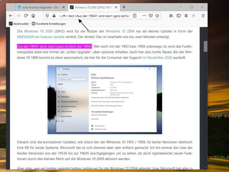 Firefox: "auto find text fragment" - Link zu einem Textabschnitt