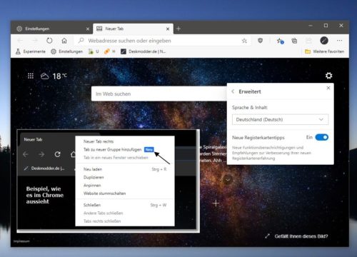 Edge Neuer Tab Mit Google öffnen Microsoft Edge mit weiteren Einstellungen im Menü vom "Neuer Tab