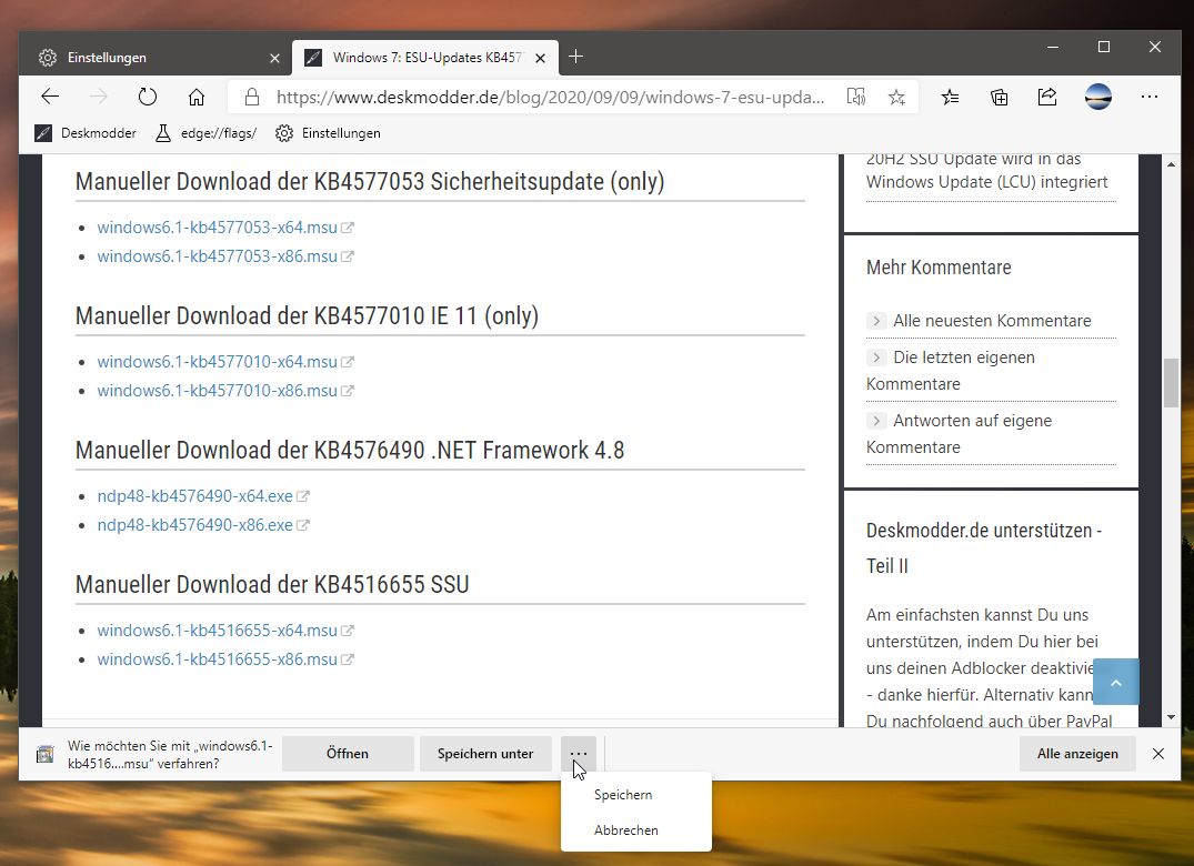Microsoft Edge Jetzt Mit Download Menu Speichern Unter Speichern Abbrechen Deskmodder De