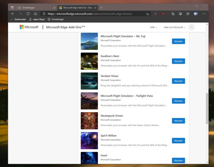 Microsoft Edge: Weitere Theme (Designs) zum Installieren im Edge Store