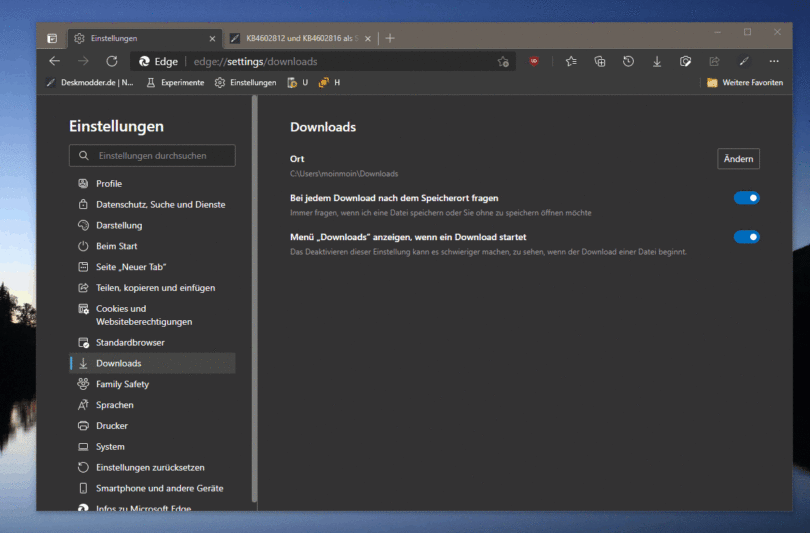Microsoft Edge Download-Menü oben in der Symbolleiste wird ausgerollt ...