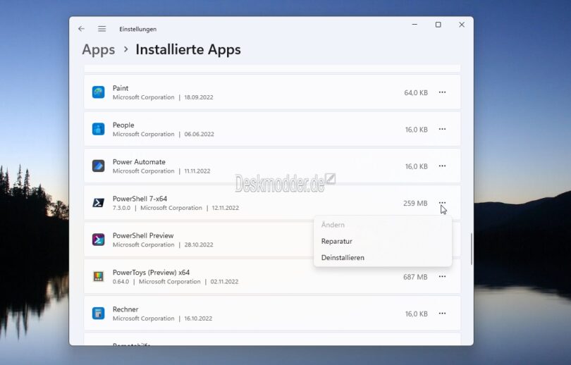 Windows 11 22H2 Reparatur unter Installierte Apps wird wieder ...