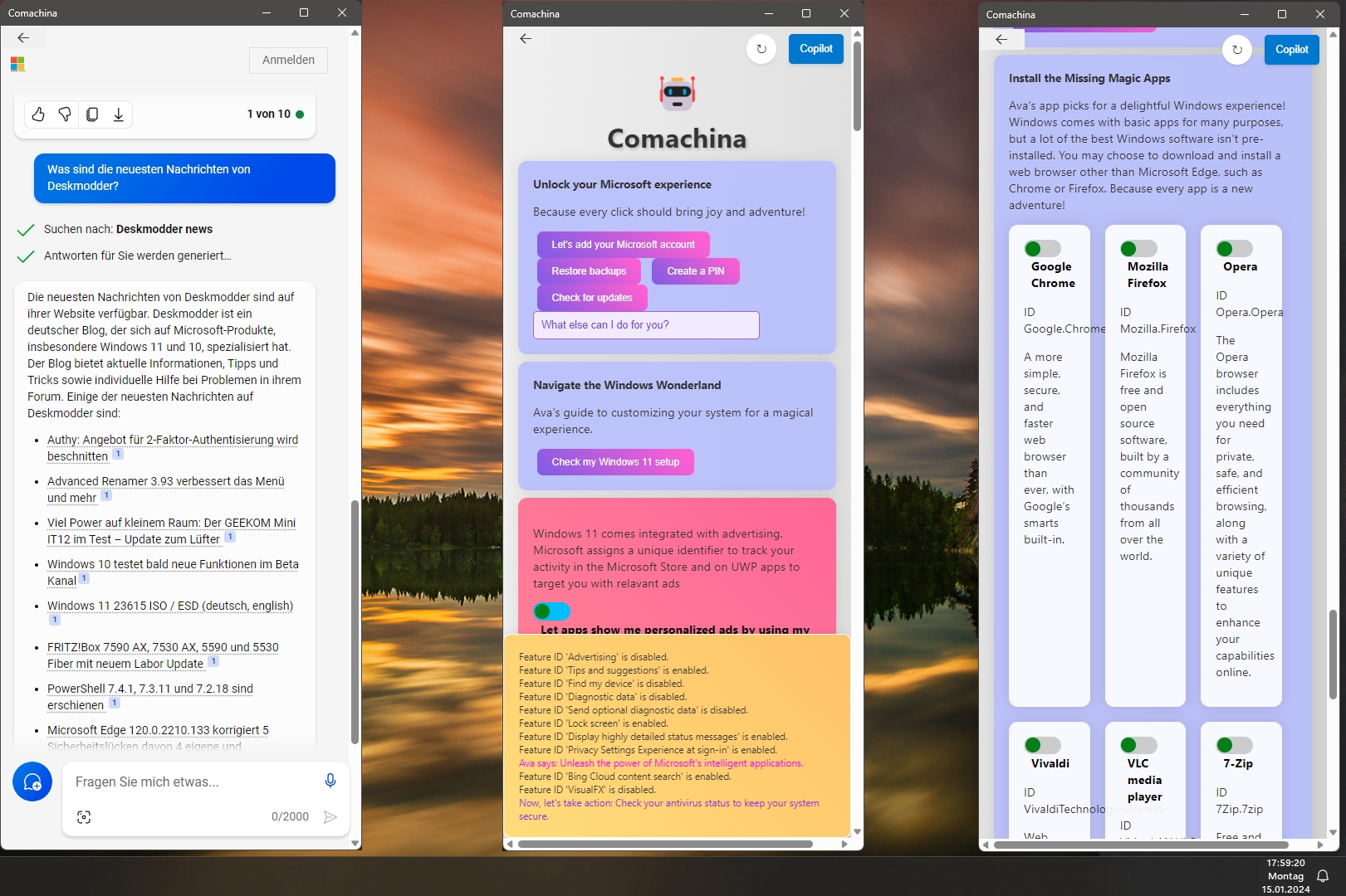 CoMachina - Einstellungen in Windows vornehmen und überprüfen und mit  Copilot chatten (Jetzt auch in Deutsch) [Update 0.50] 