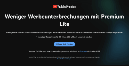 Die Seite zu Youtube Premium Lite