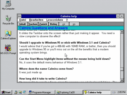 Die Hilfedatei zu Calmira 2.0, bei der zu Windows 95 geraten wird, sollte der PC stark genug sein