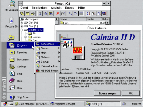 Calmira II 3.101 mit Startmenü, Info und Explorer auf Deutsch