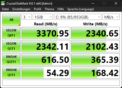 Die CrystalDiskMark-Werte der SSD im NiPoGi Hyper H2