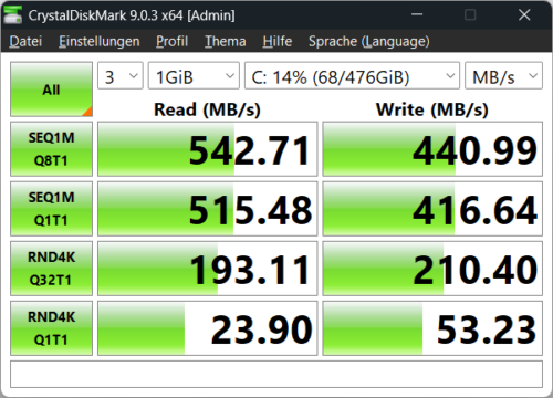 Der CrystalDiskMark der SSD im AceMagic Kron Mini K1