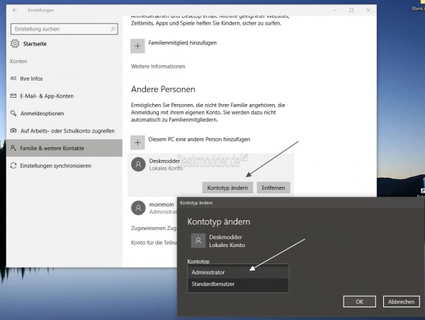 Standard Konto in Administrator Konto ändern Windows 10 Deskmodder Wiki