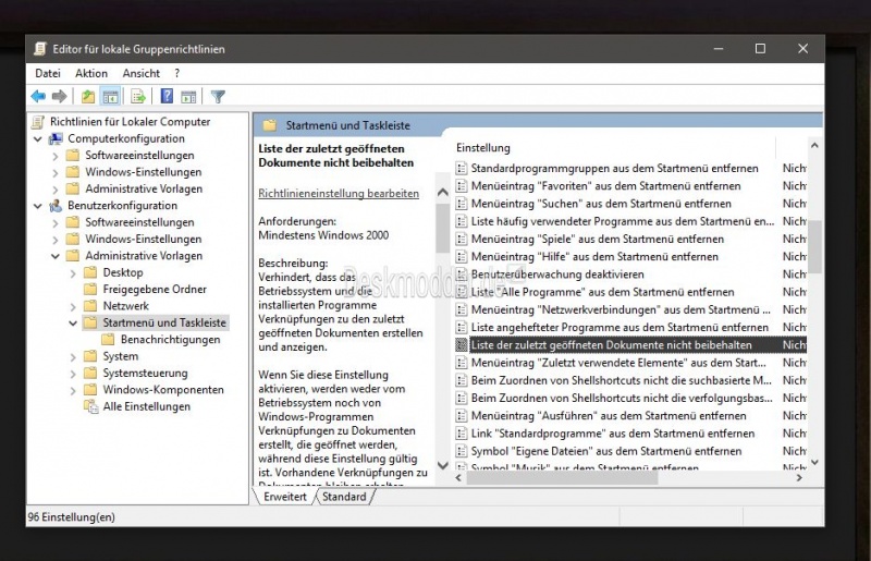 Datei:Zuletzt verwendet nicht in der Taskleiste anzeigen Windows 10.jpg