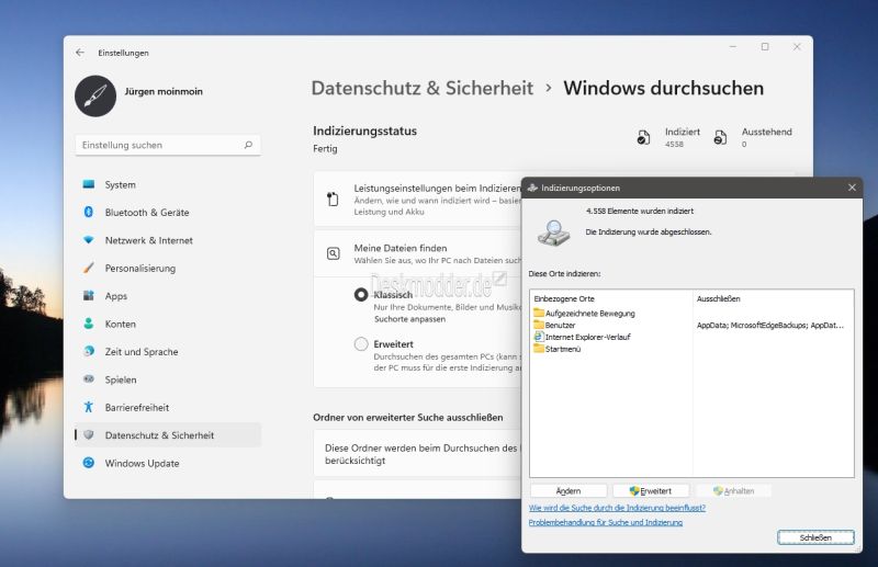 Datei such index windows 11 einstellen loeschen reparieren oder ordner