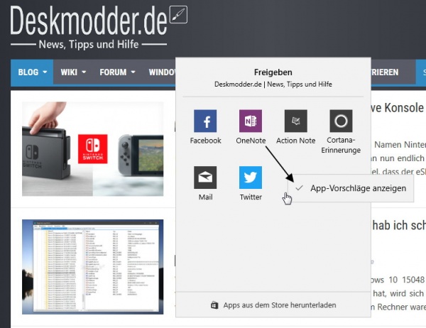 Teilen Freigeben Menü App Vorschläge deaktivieren Windows 10 Deskmodder